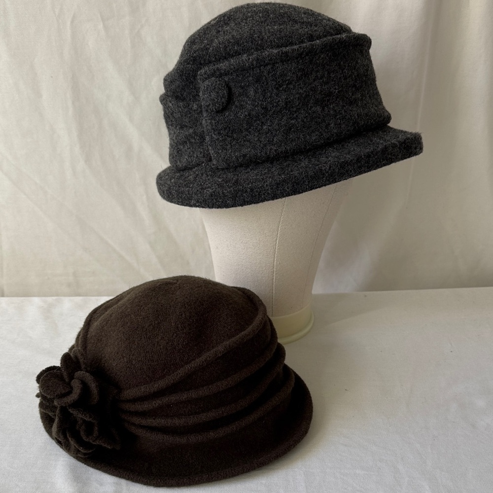 Wool Scala Cloche Hats; Lot of Two. One Gray and one Olive.